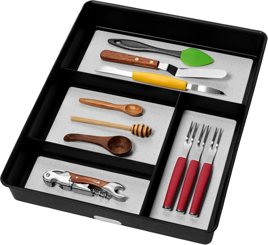 madesmart 4 Compartment Drawer Organizer, Multi Purpose Storage for Utensils, Office Tools, Cords, & Small Household Items, Tech Accessories, Arts & Crafts Supplies, Non Slip Lining, White
