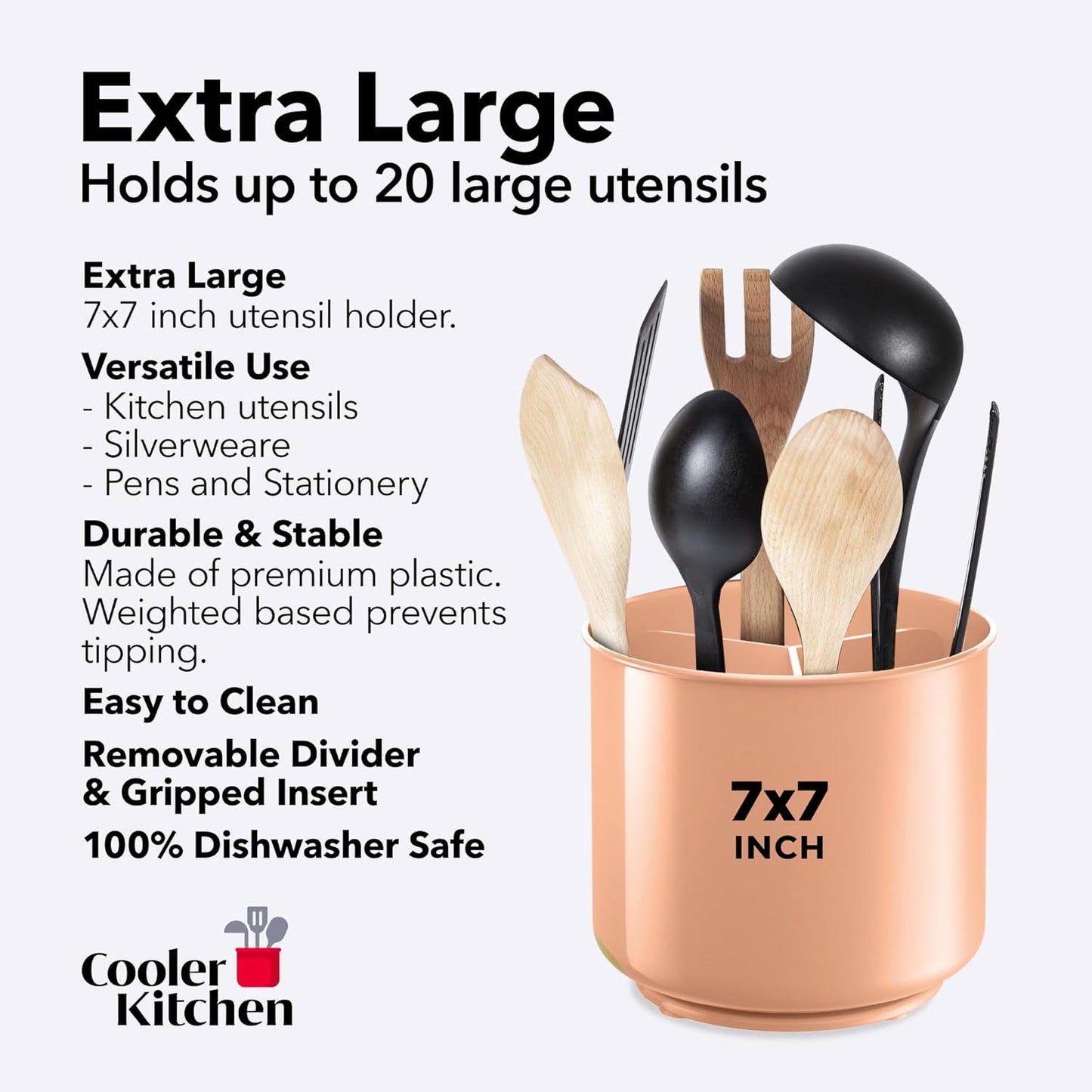 Cooler Kitchen Jumbo Extra Large Sturdy Rotating Black Utensil Holder Caddy with No-Tip Weighted Base, and Gripped Insert - Rust Proof and Dishwasher Safe Kitchen Utensils Holder