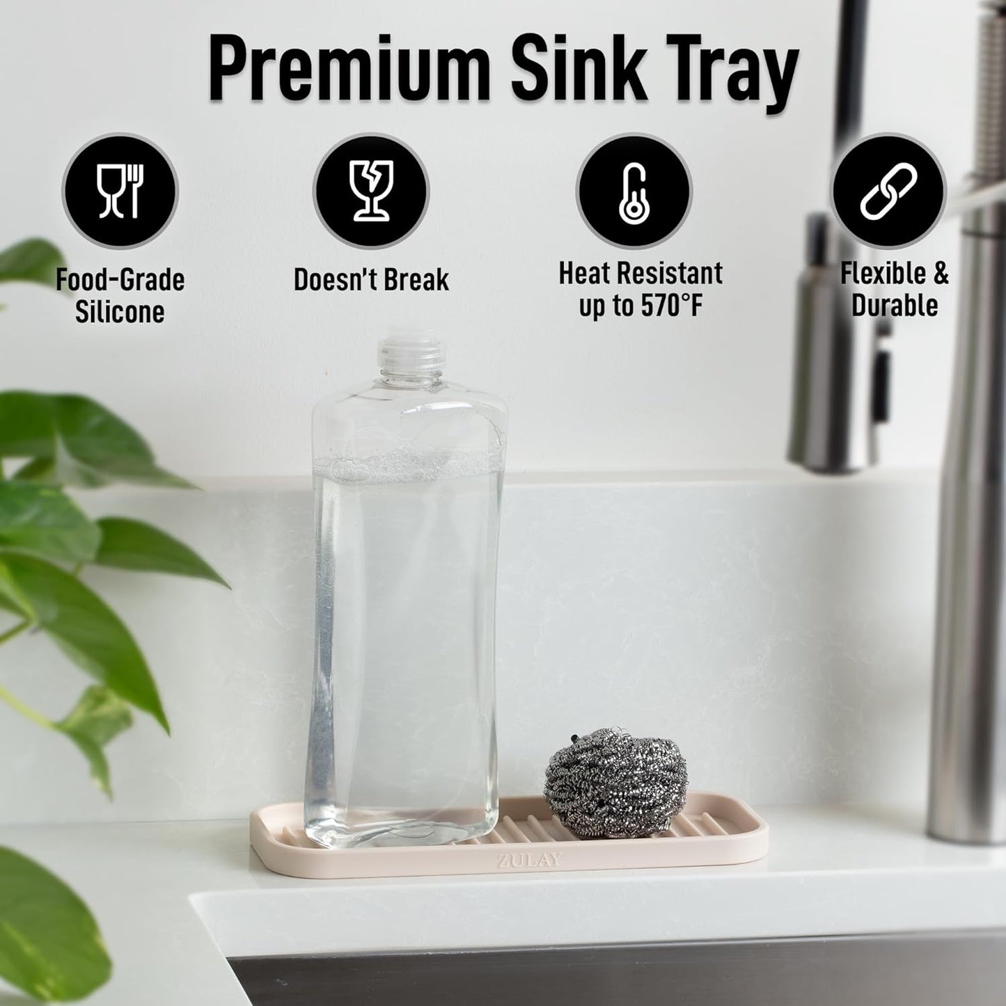 Zulay Kitchen (9x3.5in Sponge Holder for Kitchen Sink - Flexible Heavy-duty Multipurpose Sink Caddy - Counter Organizer for Kitchen, Bathroom, Makeup, Trinkets & More! (Grey)