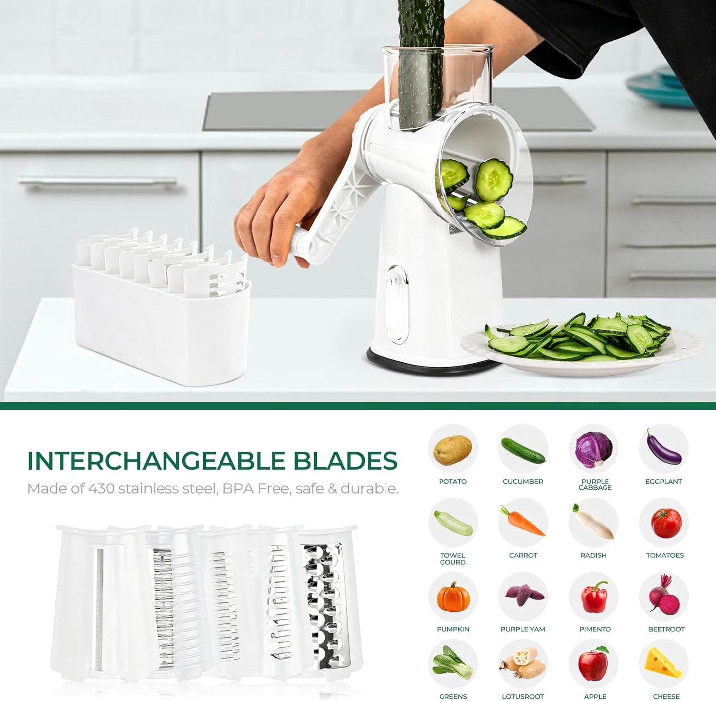 SUSTEAS Rotary Cheese Grater with Handle - Vegetable Shredder with 5 Well-designed Blades & Strong Suction Base,Round Mandoline Slicer & Food Chopper for Kitchen,with Blade Storage Box(Beige)