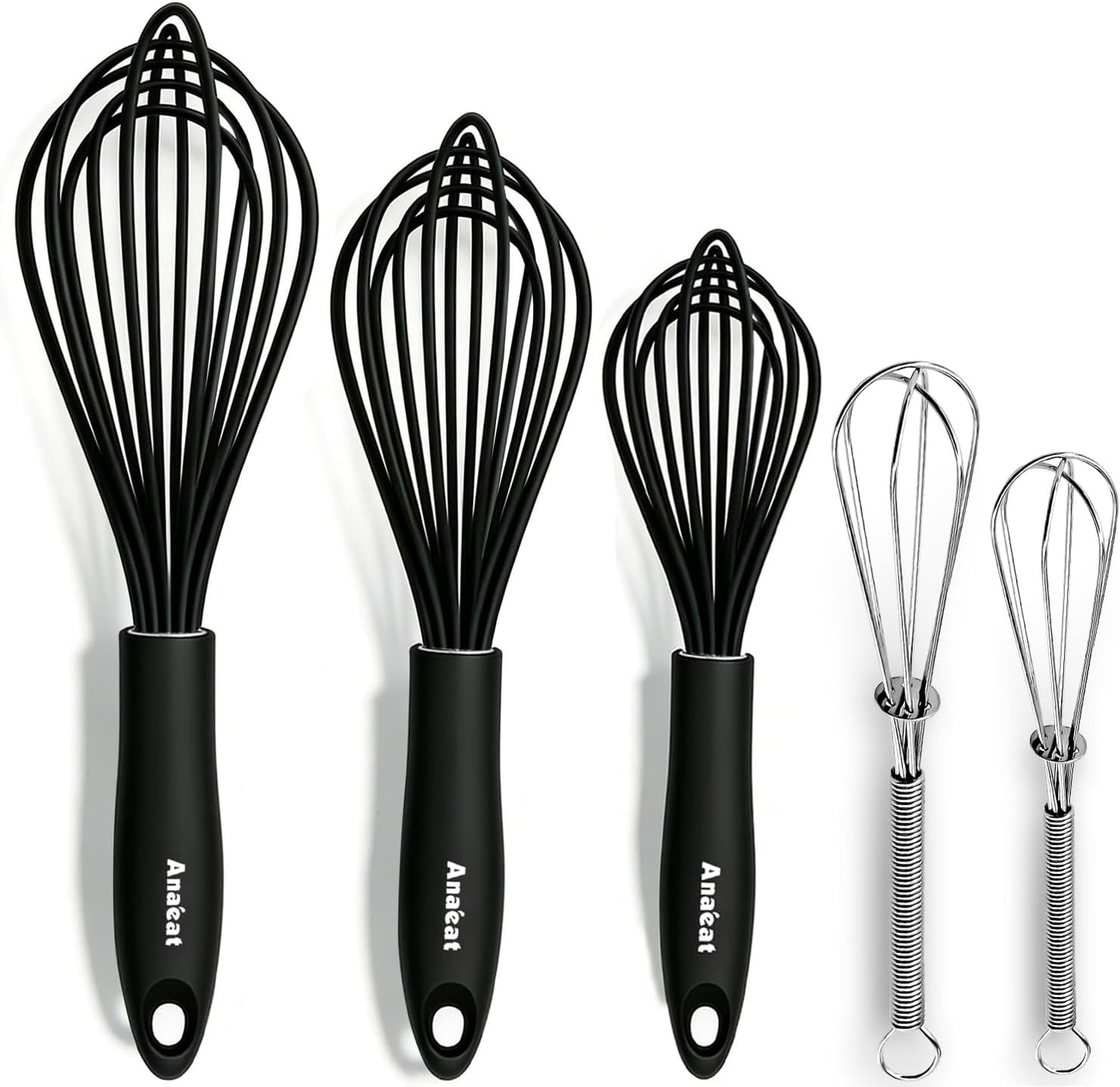 Anaeat Stainless Steel Kitchen Whisk Set of 5, Milk and Egg Beater Blender with Thick Wire for Whisking, Cooking, Baking, Beating and Stirring - 5"+7" Mini Whisk and 9''+11''+12'' Balloon Whisks