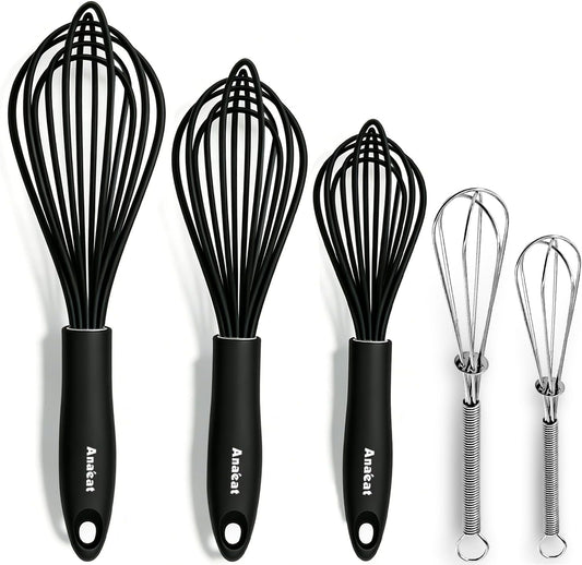 Anaeat Stainless Steel Kitchen Whisk Set of 5, Milk and Egg Beater Blender with Thick Wire for Whisking, Cooking, Baking, Beating and Stirring - 5"+7" Mini Whisk and 9''+11''+12'' Balloon Whisks