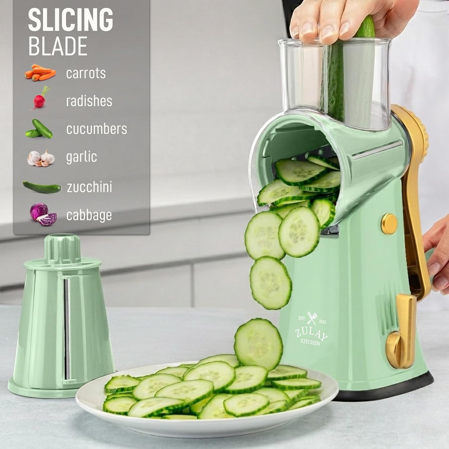 Zulay Kitchen Rotary Cheese Grater 5 Blade Cheese Shredder - Manual Hand Crank Cheese Grater With Reinforced Suction & 5 Interchangeable Drums - Easy to Use, Vegetable Chopper Round Mandoline Slicer - Colors A