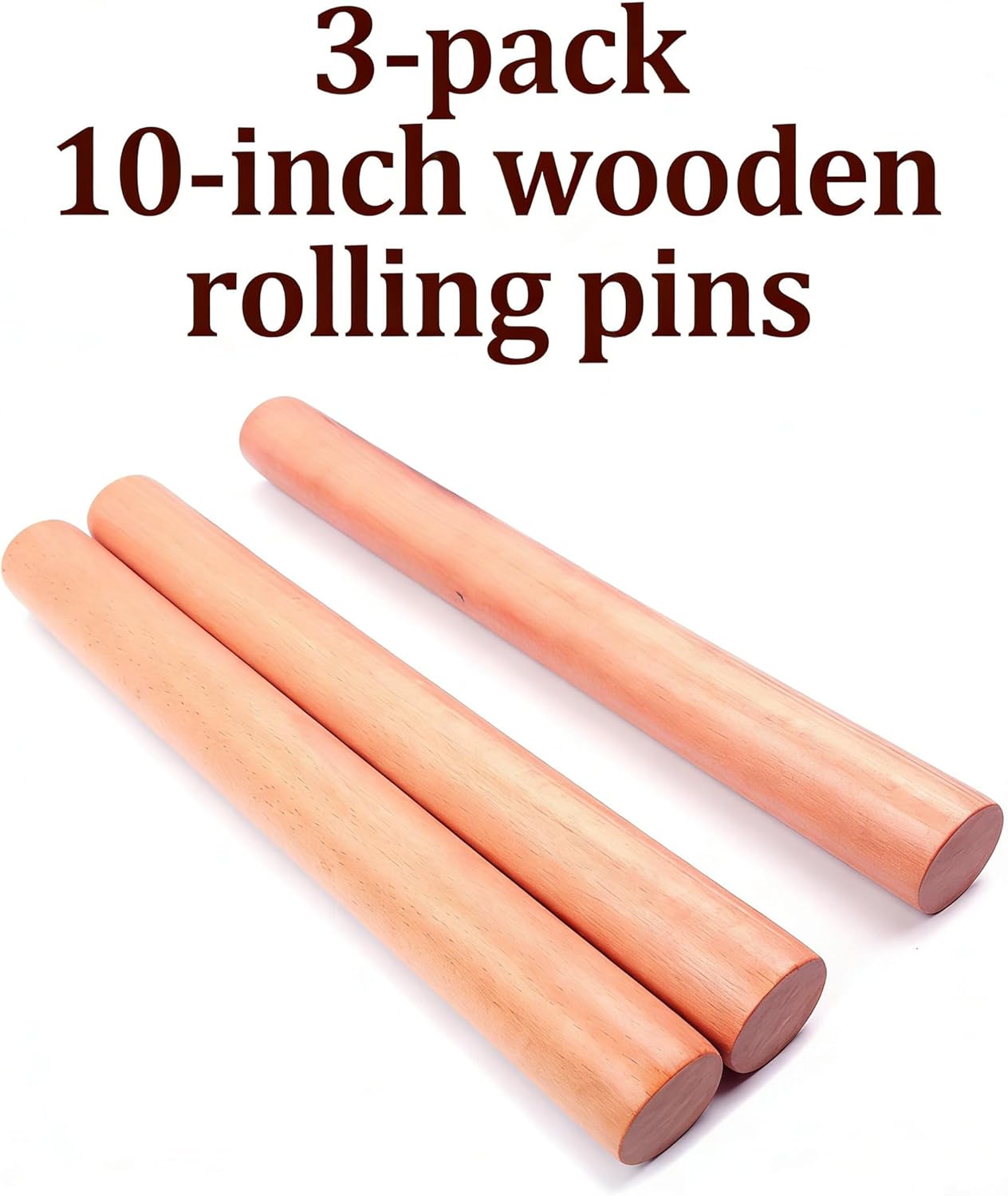 3-Pack 10-Inch Wooden Rolling Pins – Classic 1-Inch Diameter Baking Tools for Dough & Pastry