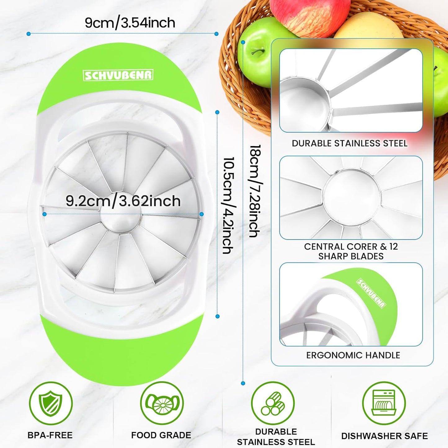 SCHVUBENR 3.5 Inch Apple Slicer with 12 Sharp Blades - Professional Apple Cutter - Stainless Steel Apple Corer - Super Sharp Apple Slicer and Corer - Slice Apple with Ease(Black)