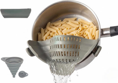 Clip On Strainer Silicone for Pots and Pans, Universal Fit Pasta Strainer and Pot Colander, Space Saving Food Drainer with Collapsible Funnel and Garlic Peeler, 3 Pcs Set, Black