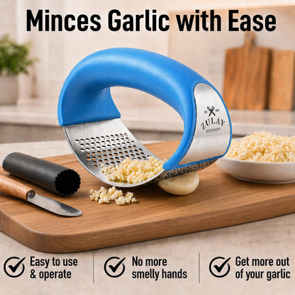Zulay Kitchen Stainless Steel Garlic Press Rocker Set - Premium Garlic Mincer Garlic Crusher - New Innovative Garlic Crusher with Peeler and Scraper - Comfortable Grip (Black)