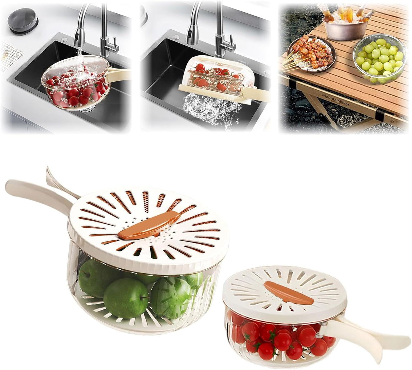 2 in 1 Fruit Vegetable Washing Bowl with Strainer, 1 QT Multipurpose Drain Basket with Lid & Foldable Handle, Fruit Strainer Container for Kitchen, Fridge, Picnics, Apartment, BPA-Free Material