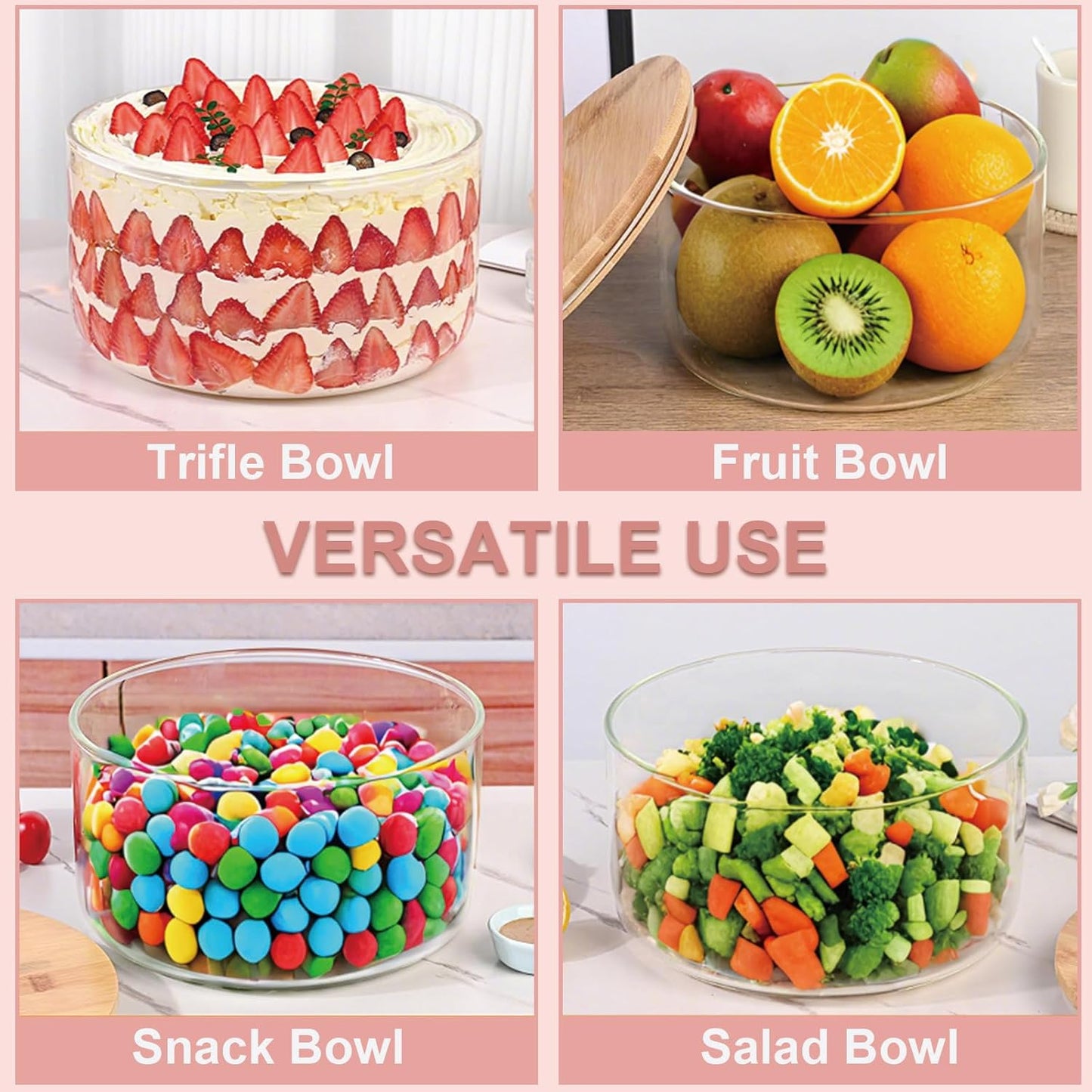 10 inch Large Salad Bowl, Trifle Bowl Glass with Sealed Lid, Versatile Mixing and Serving Bowl for Laying Ice Cream,Cake,Cupcake,Salad,Fruit,Baking,Dessert and Party Diy, Microwave Safe