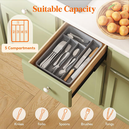 Lifewit Silverware Drawer Organizer Tray, Plastic Cutlery Storage for Kitchen, Flatware and Utensil Holder Divider for Spoons Forks Knives Tableware, 9.1 x 12.6", 5 Slots, Black
