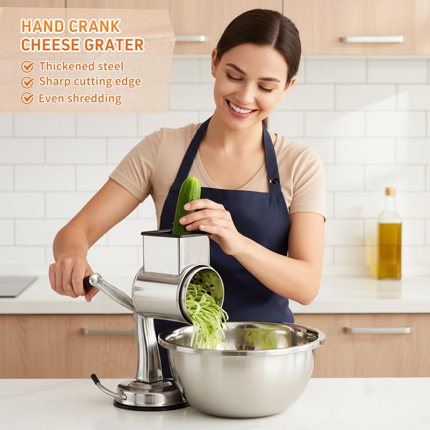 2 Pcs Stainless Steel Rotary Cheese Grater with 8.2 Qt Mixing Bowl and 5 Interchangeable Blades Reinforced Suction Base Metal Manual for Kitchen Vegetable Slicer Shredder for Nuts Cookies