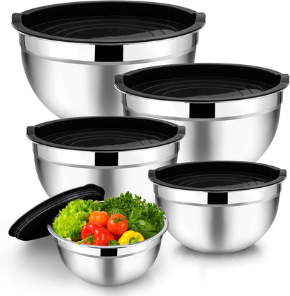 TeamFar Mixing Bowls with Lids, 5-Piece Stainless Steel Metal Nesting Salad Bowl for Mixing Prepping, Healthy & Heavy Duty, Airtight Lids & Dishwasher Safe, 4.5/3/1.5/1/0.7 QT-Khaki