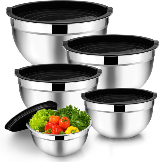 TeamFar Mixing Bowls with Lids, 5-Piece Stainless Steel Metal Nesting Salad Bowl for Mixing Prepping, Healthy & Heavy Duty, Airtight Lids & Dishwasher Safe, 4.5/3/1.5/1/0.7 QT-Khaki
