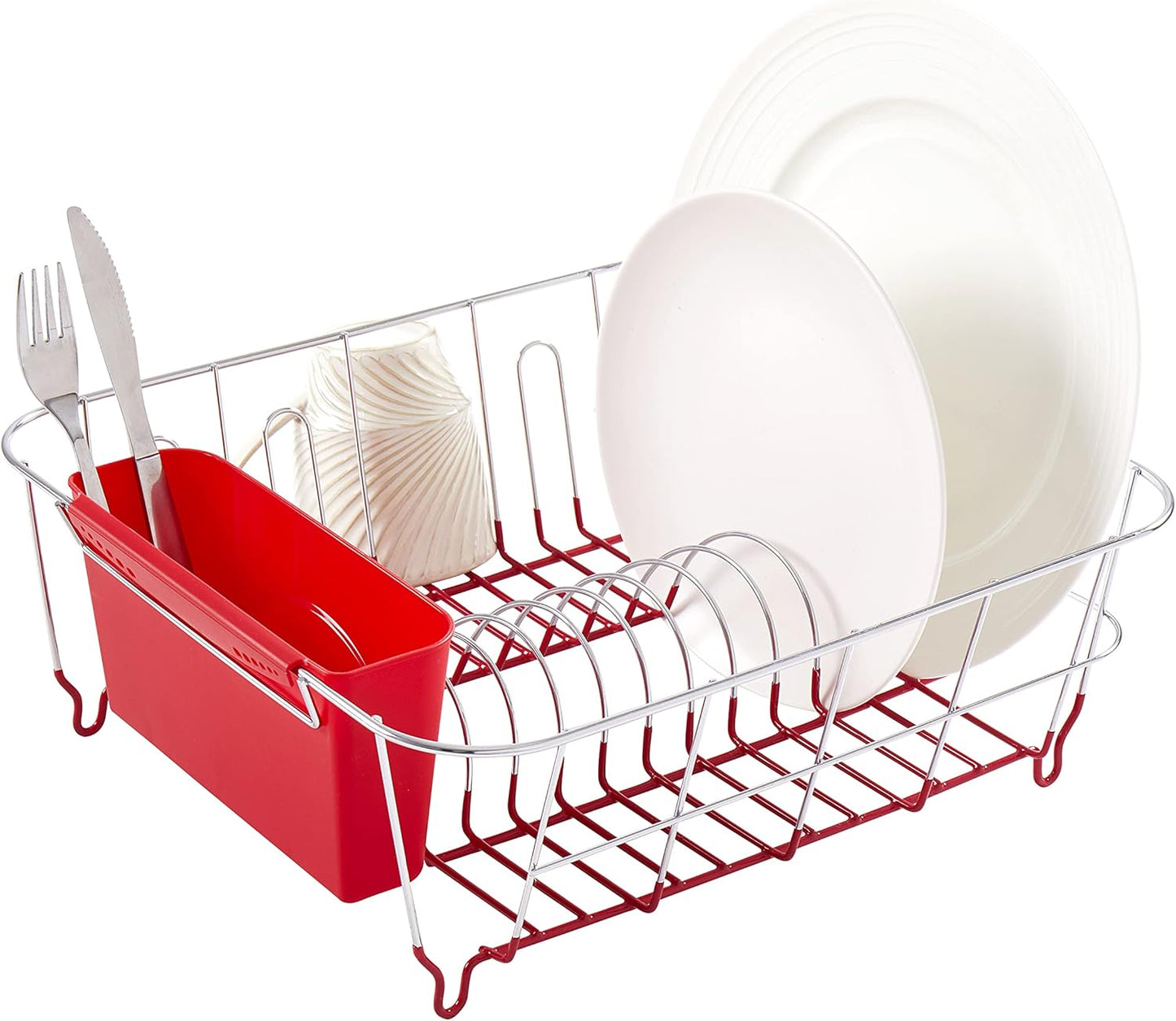 Dish Drying Rack & Cutlery Holder 2 Piece Set - Compact Sink-Fitting Dish Drainer with Rubberized Undercoating, Space-Saving Kitchen Organizer for Plates, Cups, Bowls & Utensils in Sink, Silver