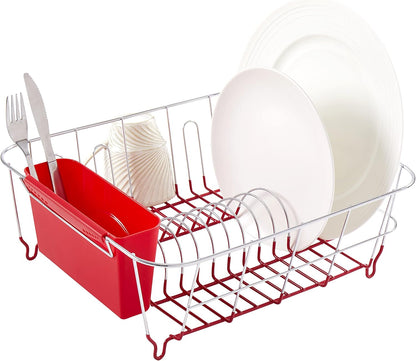 Dish Drying Rack & Cutlery Holder 2 Piece Set - Compact Sink-Fitting Dish Drainer with Rubberized Undercoating, Space-Saving Kitchen Organizer for Plates, Cups, Bowls & Utensils in Sink, Silver