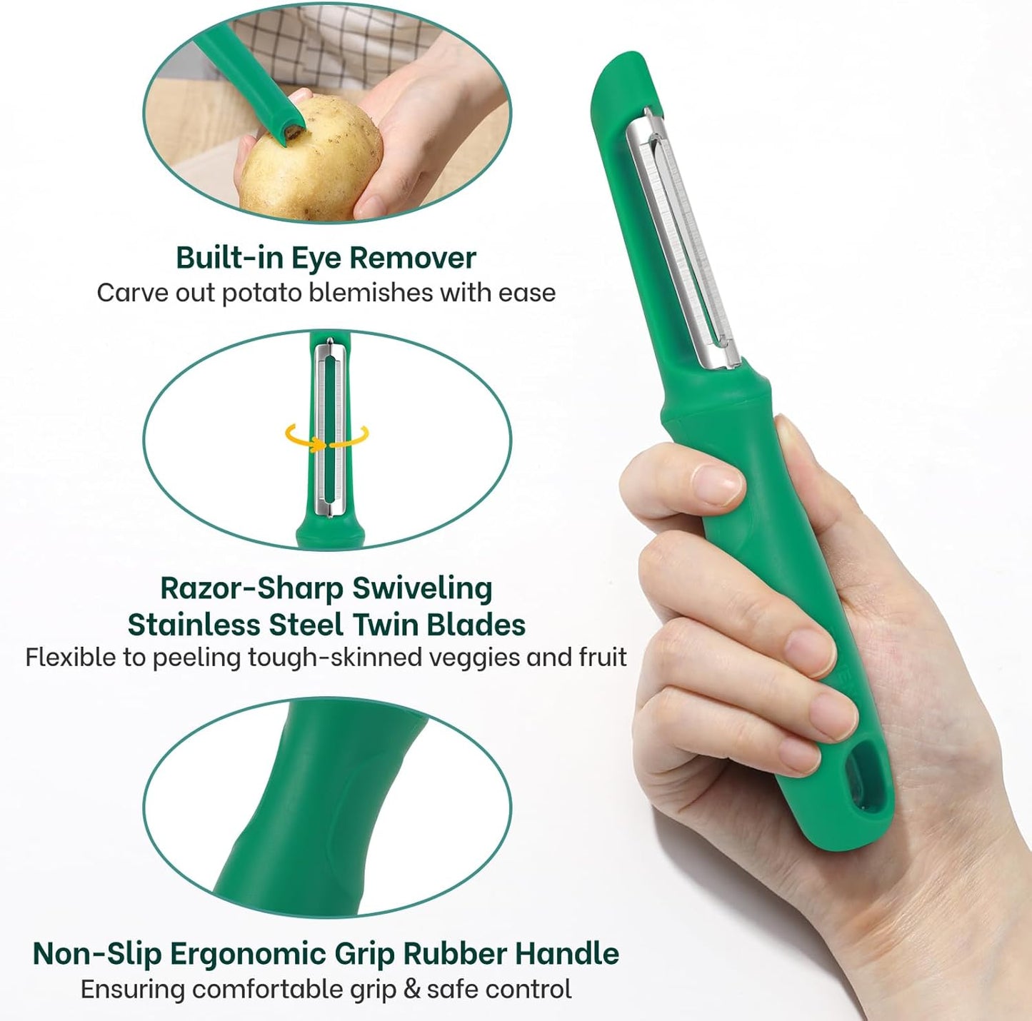 Beneno Swivel Vegetable Peeler, Razor-Sharp Smooth Peeling Potato Peelers with Stainless Steel Blades, Ergonomic Comfort Non-Slip Rubber Handle, Durable Kitchen Peelers with Potato Eye Remover, Black