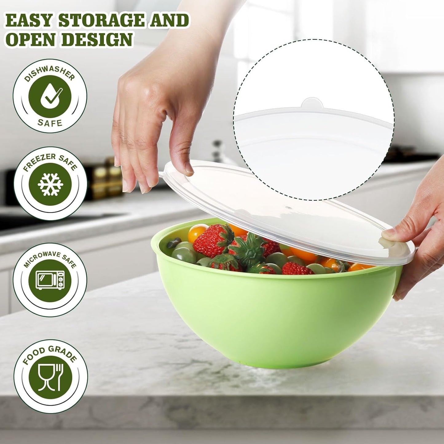 Greentainer 4-Piece Plastic Mixing Bowl Set with Lids for Kitchen, 67oz Lightweight Storage Bowls, Large Salad Bowls for Baking, Prepping, Cooking and Serving Food, Dishwasher & Microwave Safe