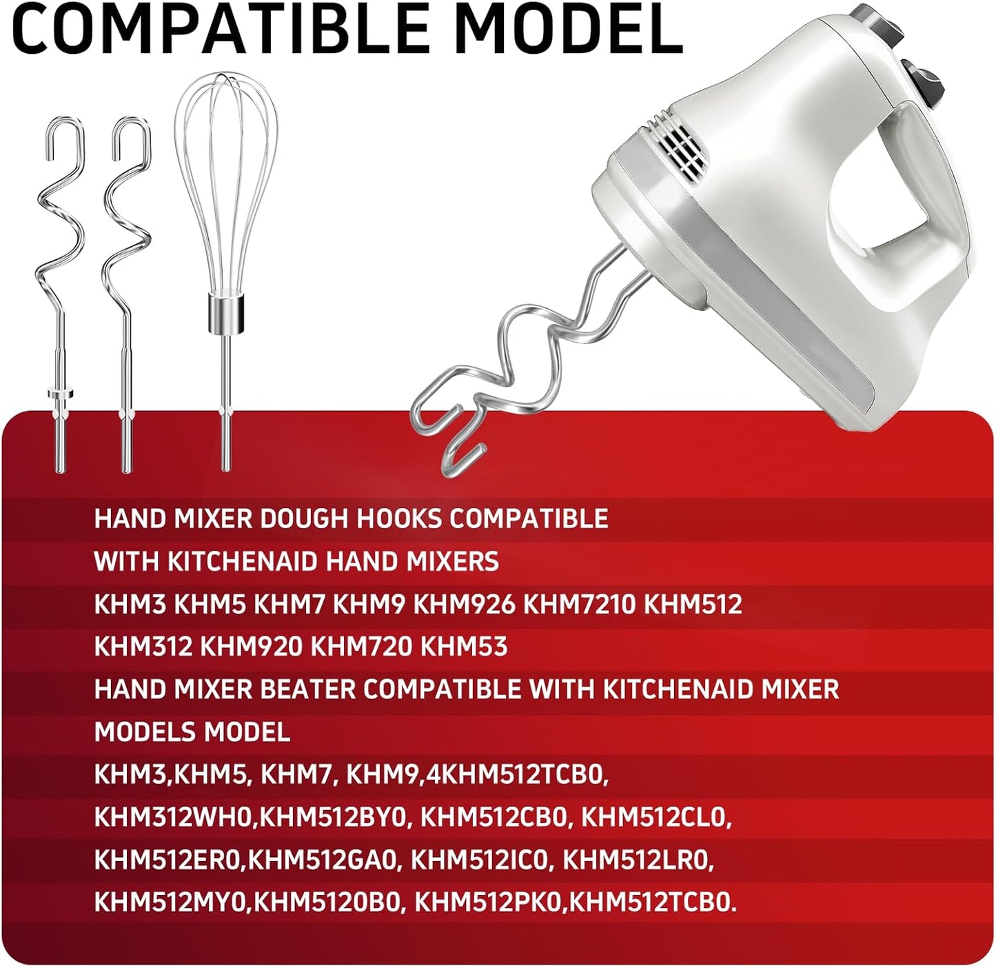 Hand Mixer Attachments Beater 6Pcs, Whisk, Blending Rod and Dough Hooks, Stainless Steel Hand Mixer Accessories for Kitchenaid Hand Mixers KHM3 KHM5 KHM7 KHM9, Dishwasher Safe