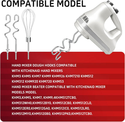 Hand Mixer Attachments Beater 6Pcs, Whisk, Blending Rod and Dough Hooks, Stainless Steel Hand Mixer Accessories for Kitchenaid Hand Mixers KHM3 KHM5 KHM7 KHM9, Dishwasher Safe