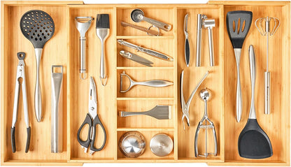 Umilife Large Expandable Kitchen Silverware Utensils Drawer Organizer, 2.5" Extra High Adjustable Drawer Divider with Curved Grooves, Bamboo Wood Cutlery Tray Flatware Holder