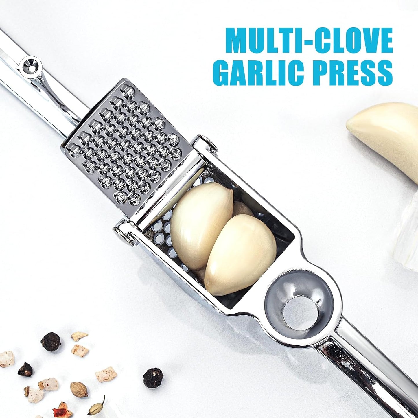 Garlic Press, Premium Metal Garlic Mincer Tool, Heavy Duty Garlic Crusher with Ergonomic Handle, Rust Proof & Dishwasher Safe, Easy to Squeeze and Clean -Silver