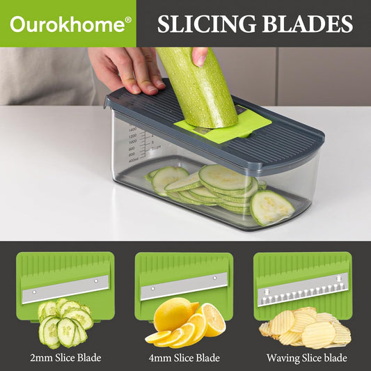 Ourokhome Mandolin Slicer with Handheld Spiralizer, Hand Safe Vegetable Shredder with 6 Mandoline Blades, Veggie Waffle Cutter for Potato, Carrot, Zucchini, Essential Kitchen Gadgets (10 in 1, Gray)