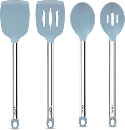 Vayvnt 4PCS Kitchen Utensils Set, Heat Resistant Silicone Utensils Set for Cooking, Non Scratch Spatula Spoons for Non Stick Pan, Large Kitchen Cooking Tools, Metal Long Handle&Dishwasher Safe, Blue