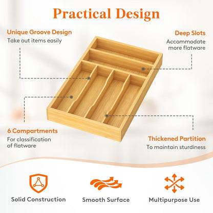 Lifewit Silverware Drawer Organizer, Utensil Tray for Kitchen, Flatware and Cutlery Holder, Storage for Spoons Forks Knives, 6.7 x 12", Natural
