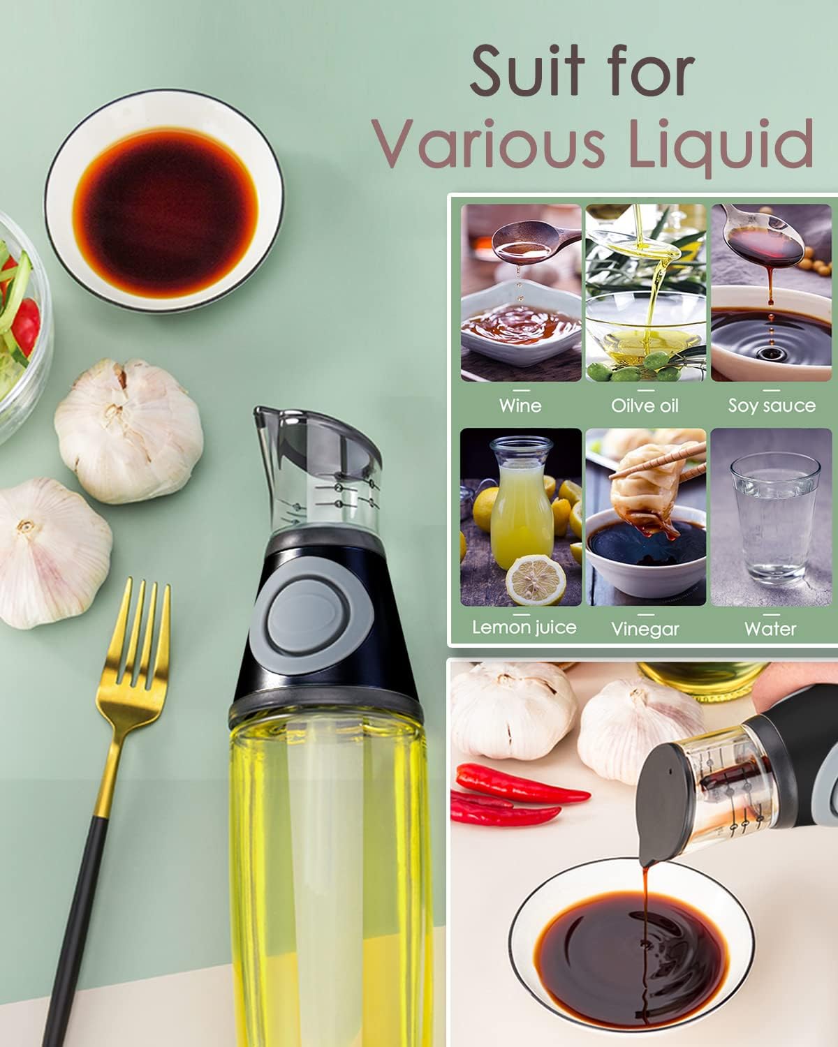 Oil Dispenser Bottle, 17oz Olive Oil Dispenser Oil Sprayer, Clear Glass Refillable Oil and Vinegar Dispenser Bottle with Measuring Scale Pump for Kitchen, Cooking, Salads, Baking Frying