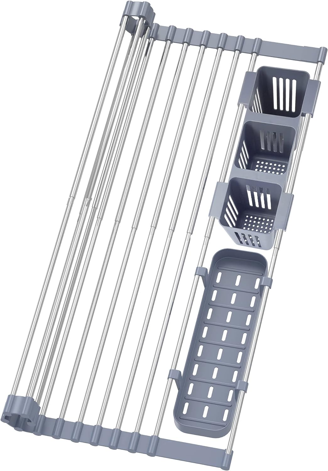 Black Expandable Roll Up Dish Drying Rack Up to 22.8''with 2 Storage Baskets,Over The Sink Kitchen Rolling up Dish Drainer Drying Rack , Foldable,Rollable,for Kitchen Dishes(Expandable Width Size)