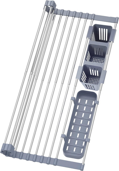 Black Expandable Roll Up Dish Drying Rack Up to 22.8''with 2 Storage Baskets,Over The Sink Kitchen Rolling up Dish Drainer Drying Rack , Foldable,Rollable,for Kitchen Dishes(Expandable Width Size)