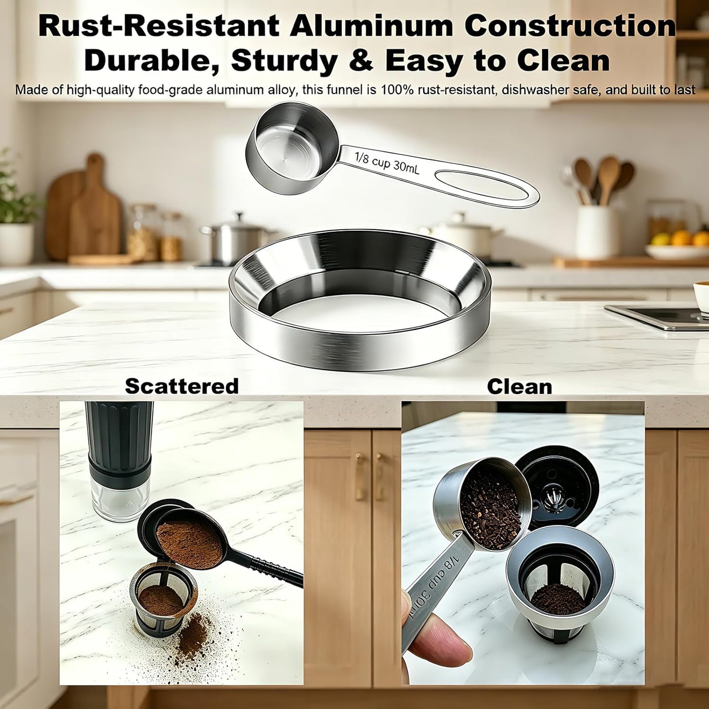 Reusable K Cup Refill Kit, 304 Stainless Steel 30ML Coffee Scoop & Aluminum Dosing Funnel, Fits Keurig 1.0 & 2.0 Reusable Metal/Plastic K-Cups Silver
