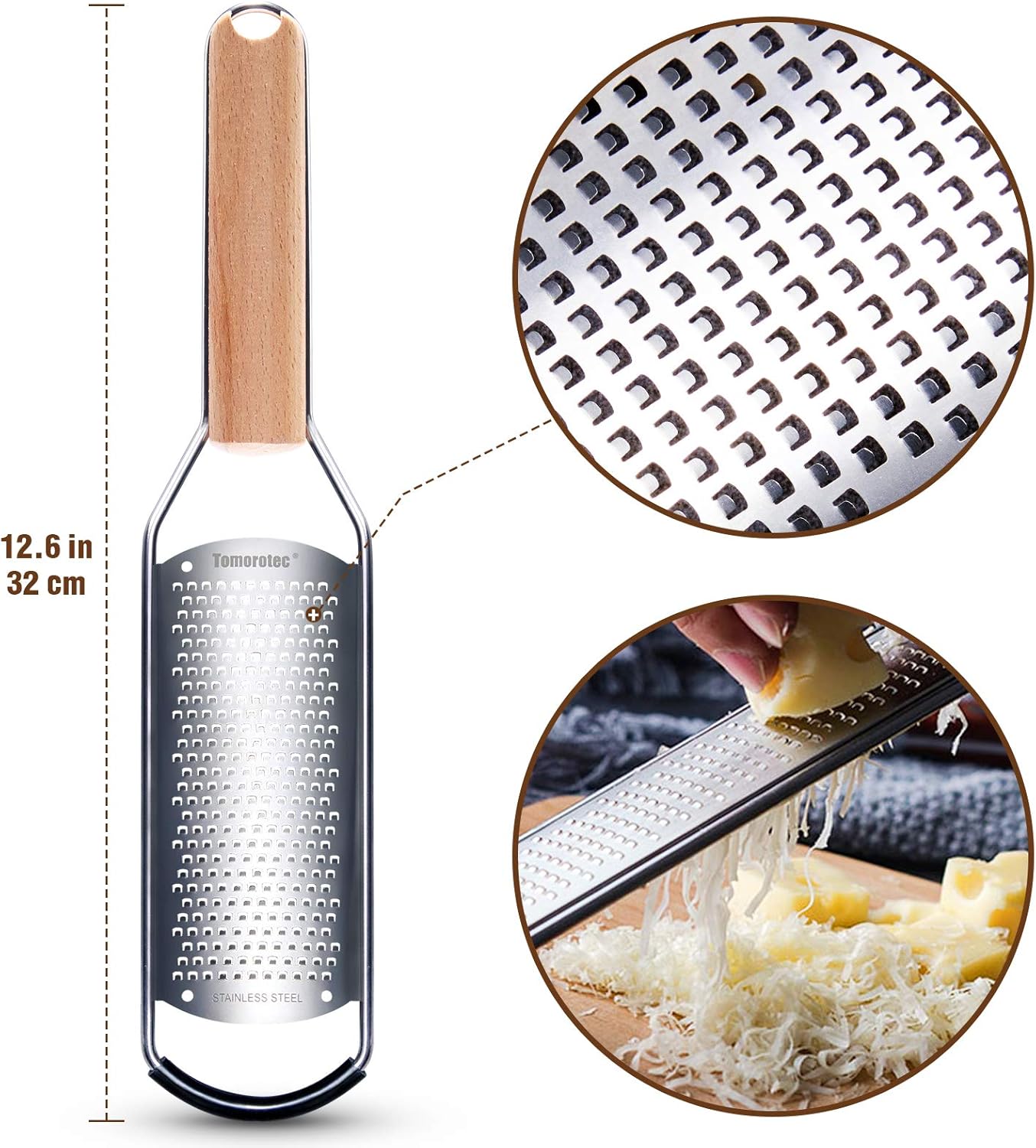 Stainless Steel Cheese Grater with Natural Wood Handle for Parmesan Cheese Lemon, Ginger, Cheese, Nutmeg, Potato, Chocolate and Garlic Small