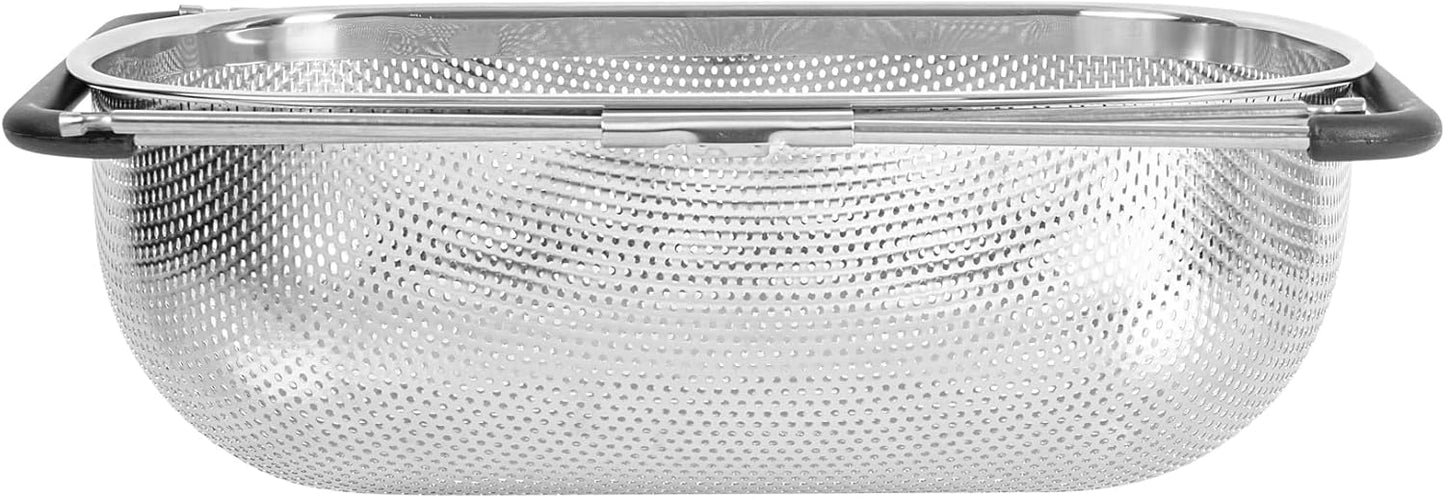 Restaurantware Colander 1 Count 5.5 qt Dishwasher-Safe Stainless Steel Coarse Mesh Colander with Over-The-Sink Expandable Handles Kitchen Strainer Basket for Pasta, Fruits, and Vegetables