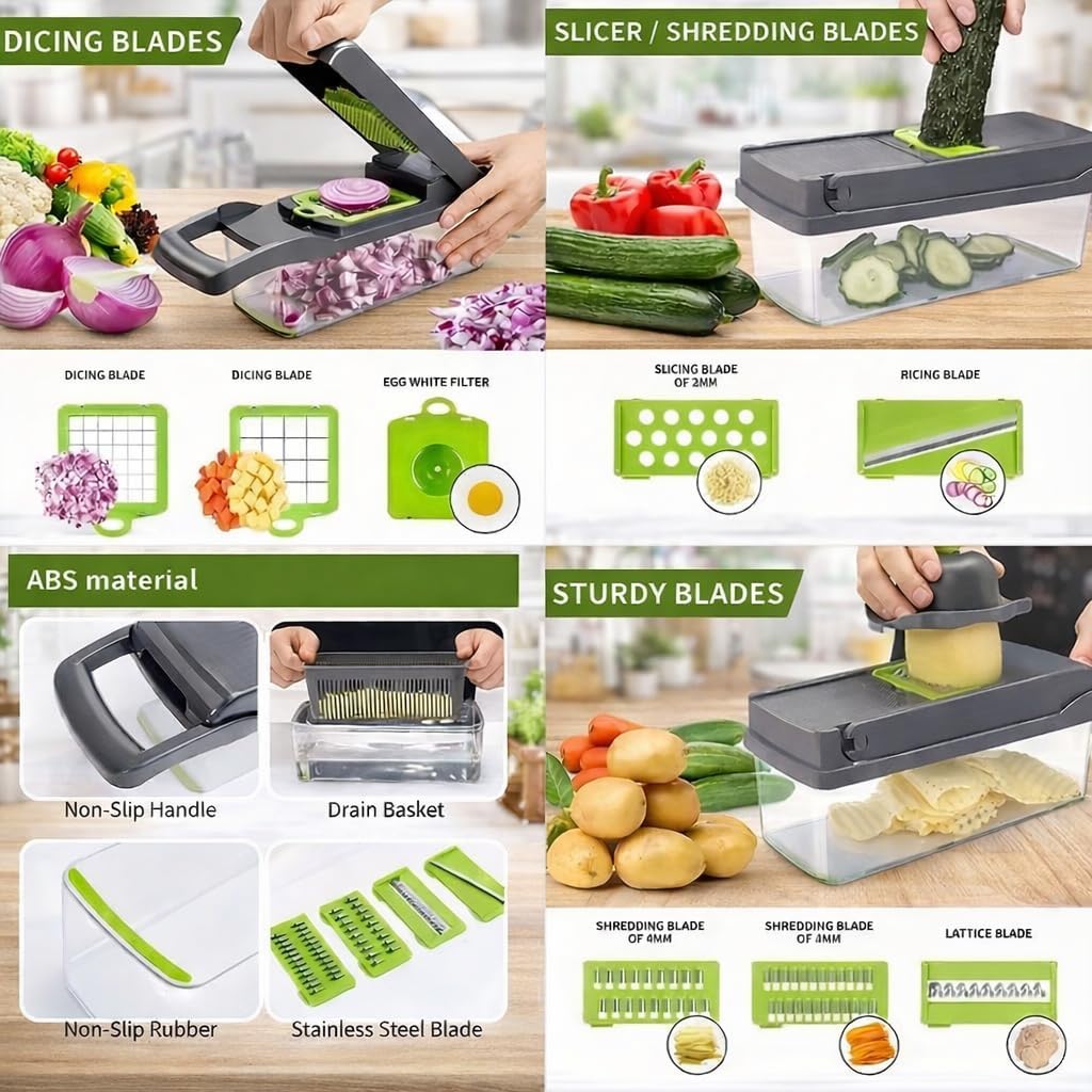 16-in-1 Vegetable Chopper Mandoline Slicer with Container, Food Processor, Food Chopper, Onion Chopper, Veggie Cutter for Salad, Potato Cutter, French Fry Cutter, Kitchen Gadgets & Accessories