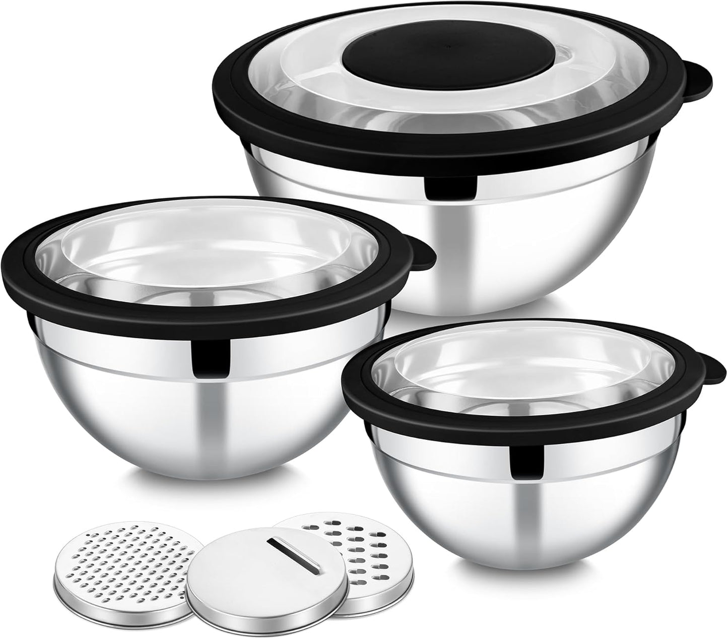 E-far Mixing Bowls Set of 5, Stainless Steel Salad Mixing Bowl with Transparent Lid, Metal Nesting Bowl Attach with 3 Graters for Kitchen Prepping/Serving/Baking/Storage, 4.6/2.6/1.5/1/0.7 QT - Khaki