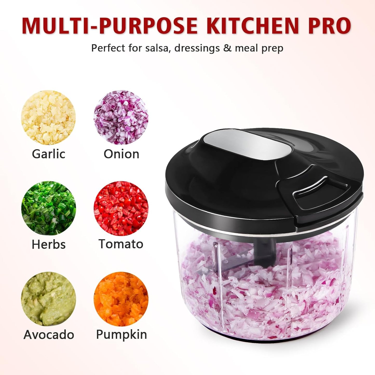 Manual Food Processor 1000ML Large Capacity Pull String Vegetable Chopper Onion Cutter for Salsa Nuts Pesto Herbs Easy to Clean Kitchen Gadget Black