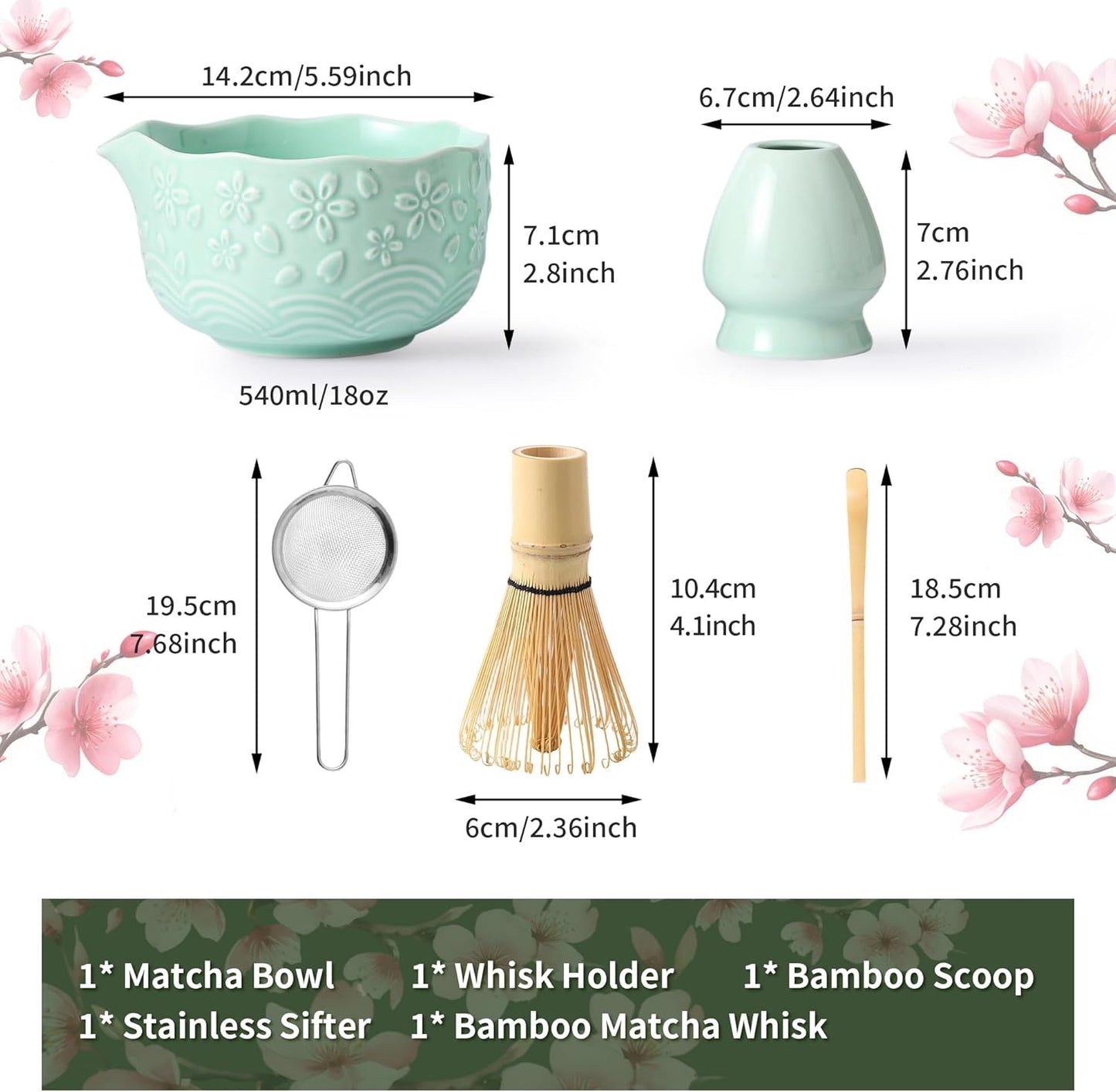 Matcha Whisk Set, 5 Pcs Ceramic Matcha Set, Matcha Kit Set Includes Matcha Bowl, Matcha Whisk and Holder, Bamboo Scoop and Sifter, Matcha Tea Set, Ideal Gift for Family/Friend (Pink)
