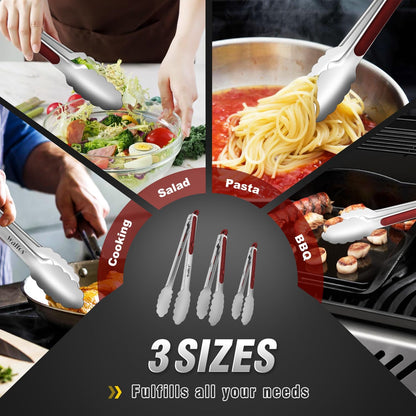 Walfos Silicone Tongs for Cooking - Heat Resistant kitchen tongs for Salad,Cooking, Grilling,Stainless Steel and BPA Free Silicone Tips set of 3 (7" 9" and 12 inch)