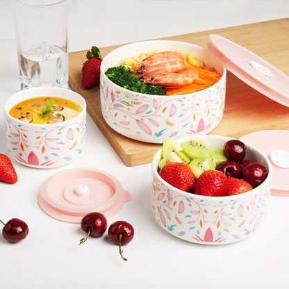 Ceramic Bowls with Lids, 4, 5, 6 Inch Ceramic Nesting Bowls Set for Soup, Salad, Cereal, Serving or Gift, Ceramic Food Storage Container, Microwave & Dishwasher Safe