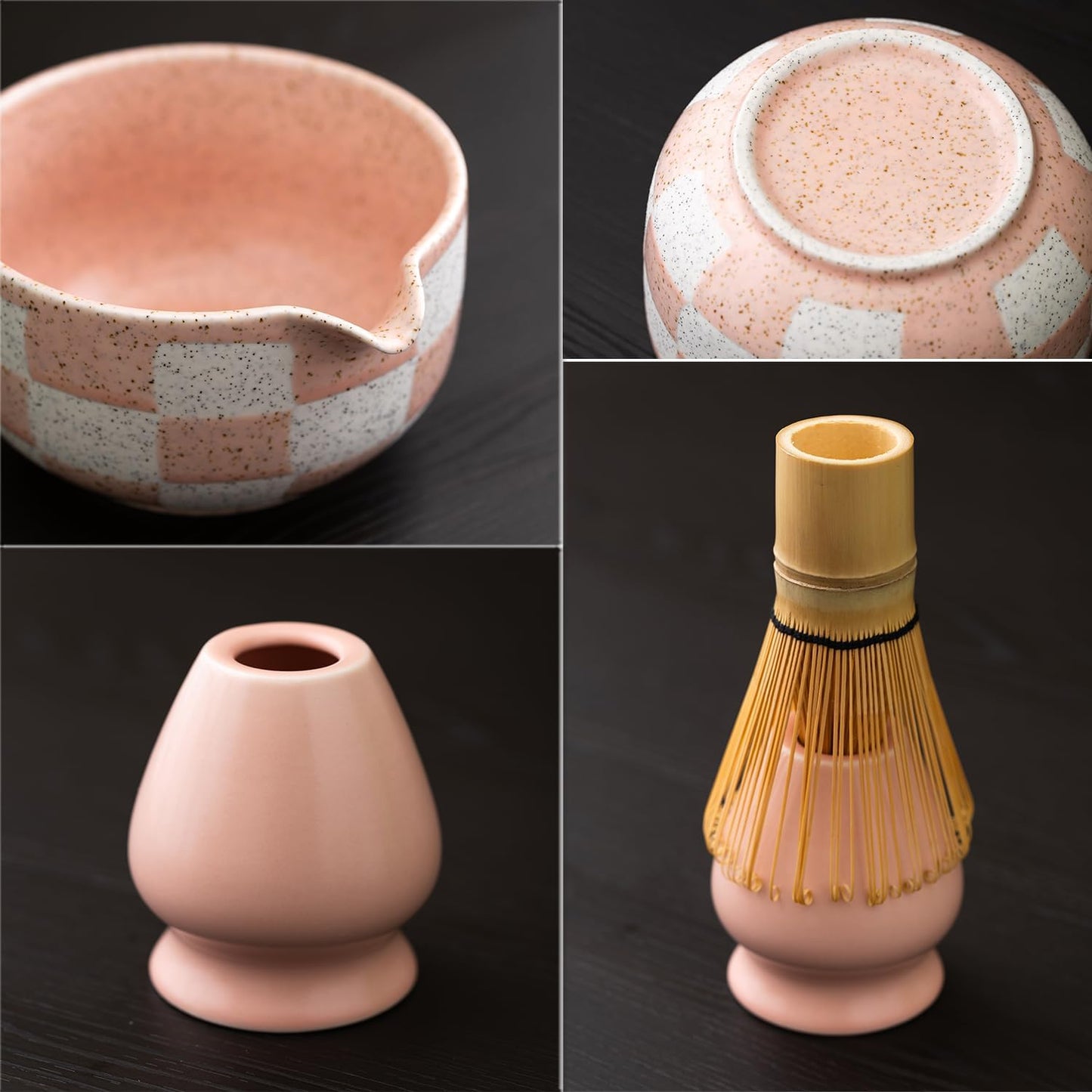 Premium 7-Piece Matcha Tea Set – Traditional Japanese Style with Elegant Grid Pattern, Includes Bamboo Whisk, Ceramic Bowl, Scoop & More – Perfect for Matcha Lovers & Tea Ceremony (Orange grid)
