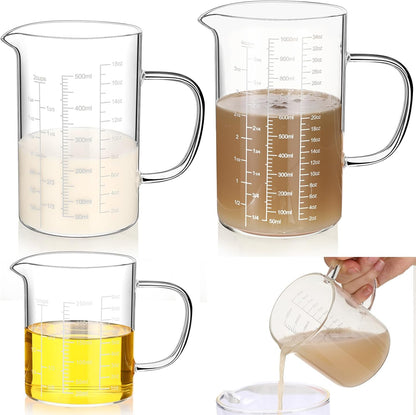 Lallisa 3 Pack High Borosilicate Glass Measuring Cups Set with Handle V Shaped Spout, 4, 2, 1 Cup 3 Scales (Oz, Cup, Ml) for Kitchen Restaurant Baking Cooking, Easy to Read, Clear(White Scale)