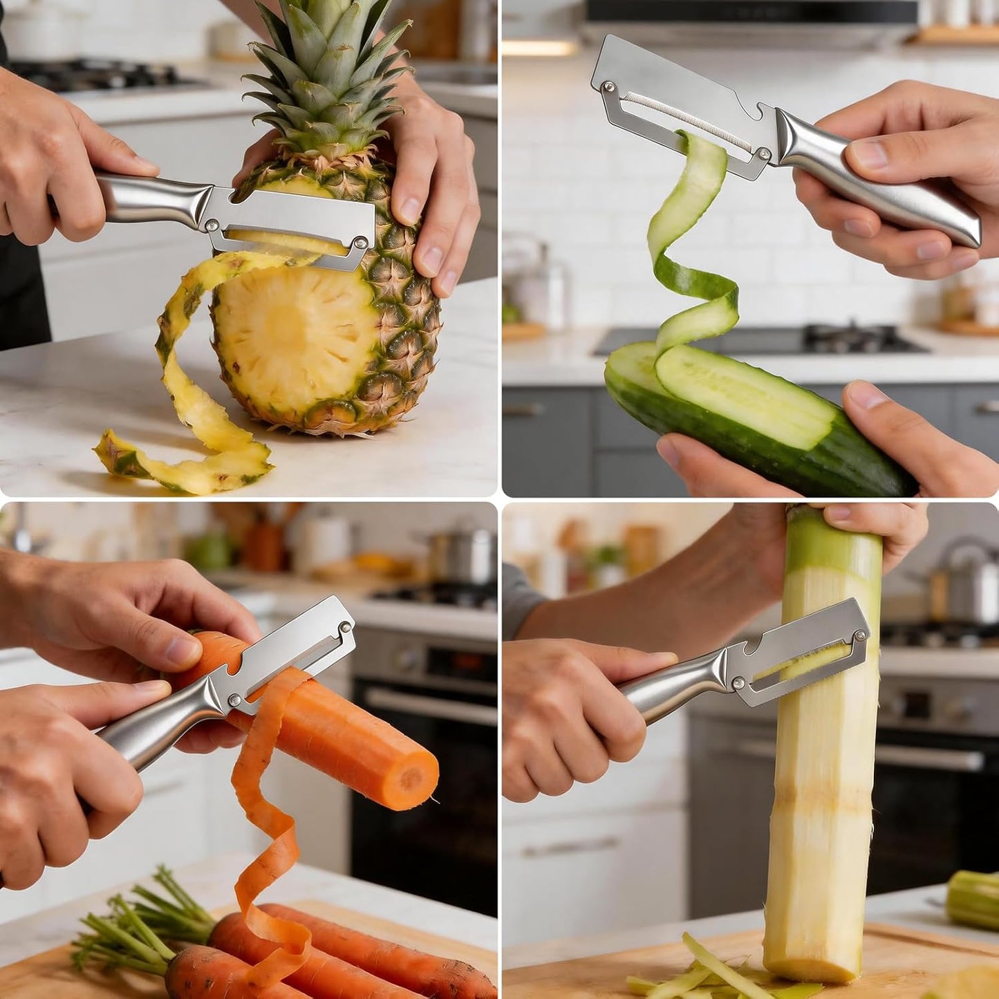 Multifunctional Vegetable Peeler, 3 in 1 Julienne Peeler with Wooden Handle, Vegetable Shredder with Bottle Opener Kitchen Tool for Peeling Veggie Fruit Pineapple Pumpkin Papaya Carrrot(2 Pack)