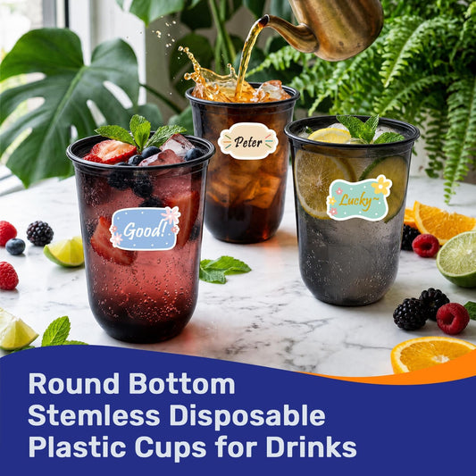 50 Pack 16oz Round Bottom Plastic Cups with Stickers, Clear Disposable Cocktail Cups for Party, Disposable Wine Glasses for Wedding, Birthday, Gathering, Drinks, Cold Beverage