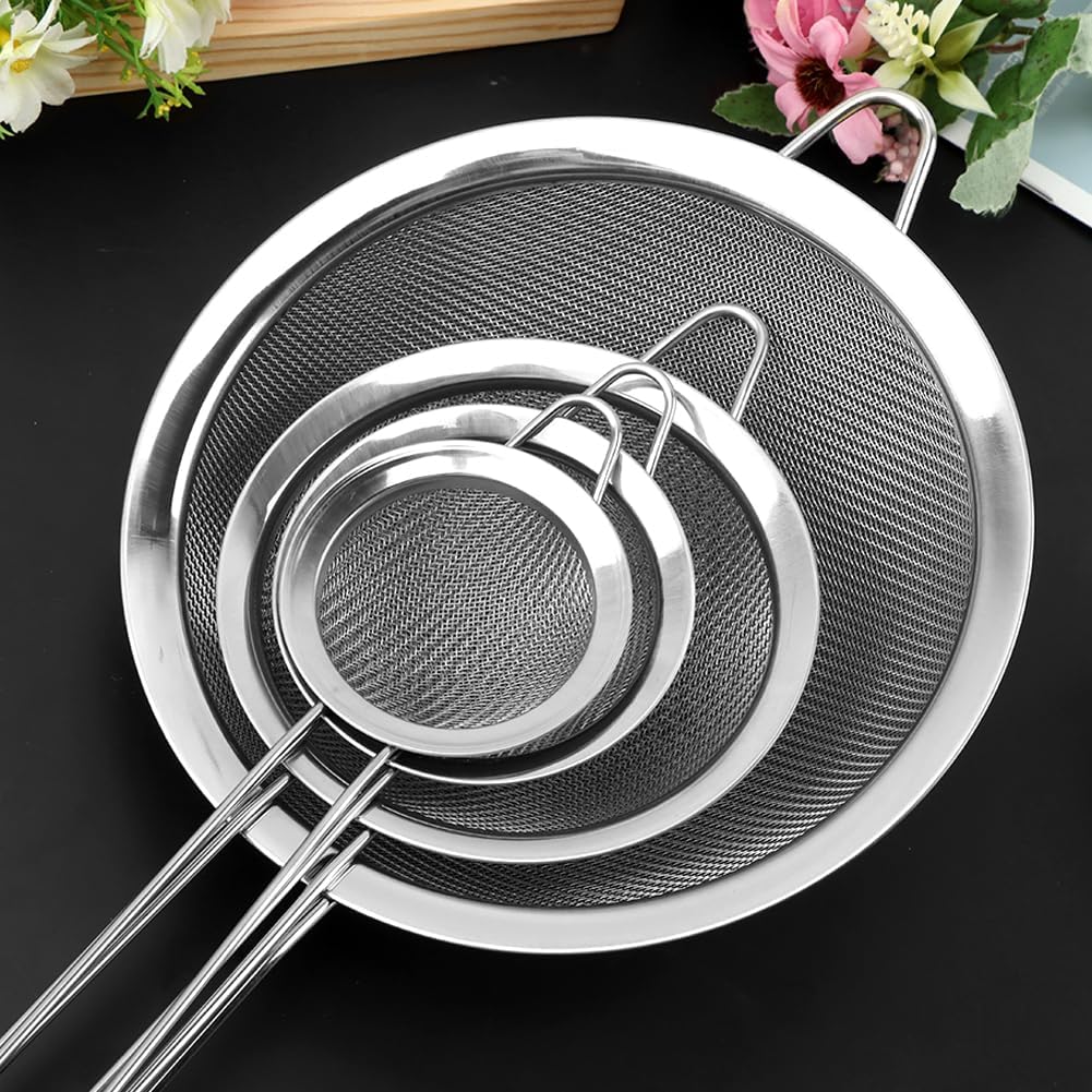4PCS Stainless Steel Strainer Set – Fine Mesh Multi-Size w/Handles for Sifting&Rinsing | Ergonomic Design for Wet/Dry Ingredients – Ideal for Home Cooks,Baking&Veg Prep