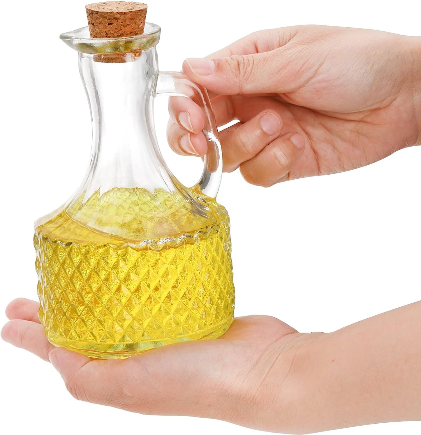 Frcctre 4 Pack Glass Oil and Vinegar Cruets Bottles, 13.5 Ounce Glass Olive Oil Dispenser Bottle with Handle and Cork, Soy Sauce Salad Dressing Syrup Liquid Dispenser for Kitchen
