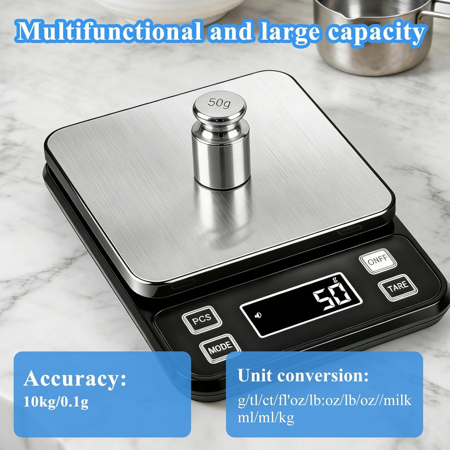 Full Waterproof Digital Scale IP67,5kg Capacity 0.1g Accuracy Kitchen Scale with Type-C Charging Tare Function Stainless Steel Platform for Baking Seafood Food Processing Hardware Counting