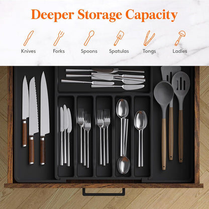 Lifewit Silverware Drawer Organizer, Expandable Utensil Tray for Kitchen, BPA Free Flatware and Cutlery Holder, Adjustable Plastic Storage for Spoons Forks Knives, 11-18 x 14", Black