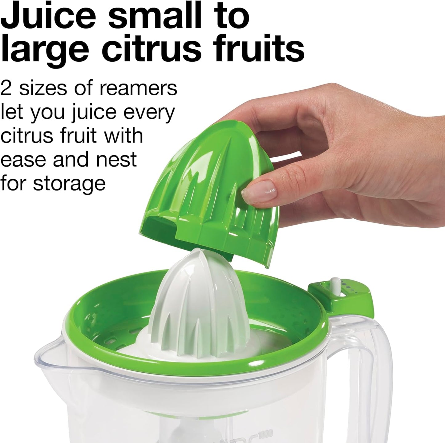 Proctor Silex Electric Citrus Juicer Machine, Large 34 oz. Pitcher, Pressure Activated, 2 Reamers for Big and Small Fruit, Pulp Control, for Orange, Lemon, Grapefruit Juice, White & Green (66340)