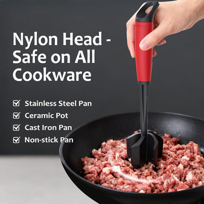 Ourokhome Meat Chopper and Potato Masher, Heat Resistant Nylon Ground Beef Smasher for Hamburger, 5 Curved Blades Nonstick Mixer & Stirrer, Practical Kitchen Gadgets, Black